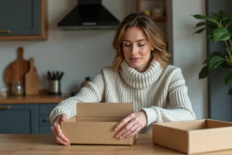 Femme emballant des cartons dans une cuisine moderne