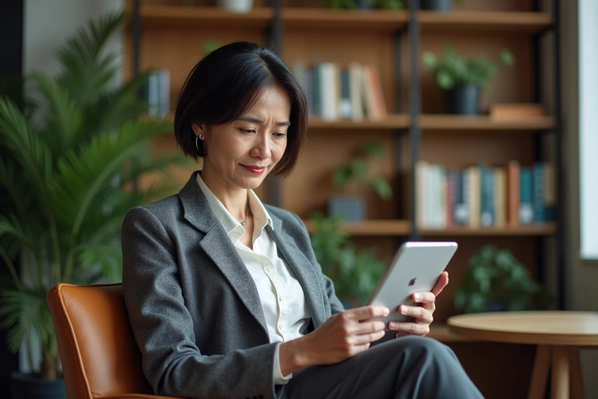 Femme cadre examine son CV sur une tablette