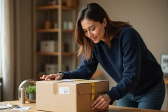 Femme mesurant un colis Chronopost avec un mètre ruban sur une table en bois dans un appartement moderne