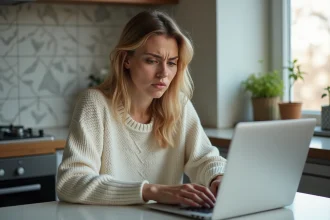 Femme frustrée devant son ordinateur dans la cuisine