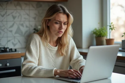 Femme frustrée devant son ordinateur dans la cuisine