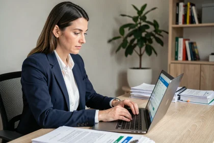 Femme professionnelle utilisant le portail Prodouane sur un ordinateur portable dans un bureau à domicile