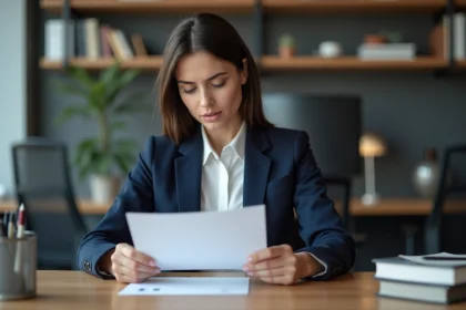 Femme professionnelle lisant un document dans un bureau moderne