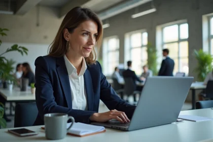 Femme professionnelle utilisant LinkedIn et une plateforme de mise en relation B2B pour développer son réseau client en entreprise