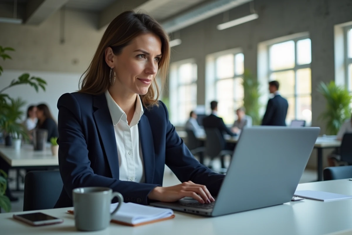 Femme professionnelle utilisant LinkedIn et une plateforme de mise en relation B2B pour développer son réseau client en entreprise