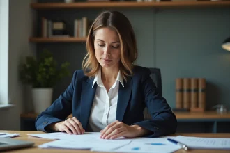 Femme en blazer navy examinant des dossiers au bureau