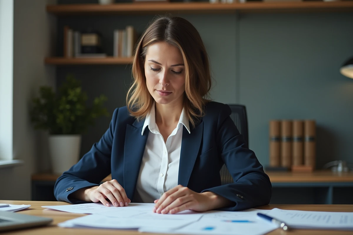 Femme en blazer navy examinant des dossiers au bureau