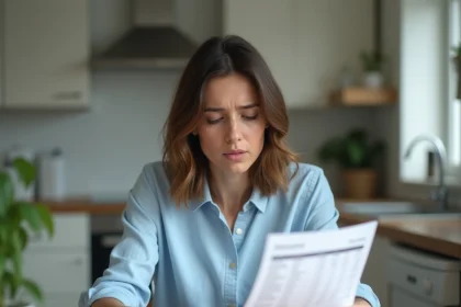 Femme inquiète examinant un relevé bancaire avec un prélèvement inconnu à la maison