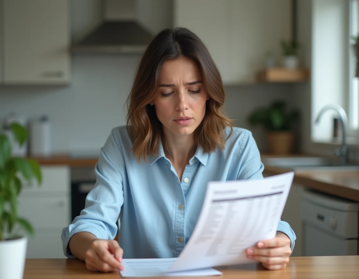 Femme inquiète examinant un relevé bancaire avec un prélèvement inconnu à la maison
