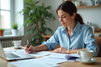 Femme remplissant son dossier ACRE à domicile sans expert-comptable, entourée de formulaires administratifs sur une table en bois
