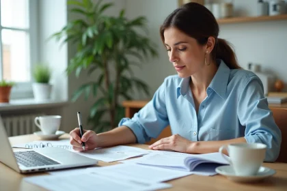 Femme remplissant son dossier ACRE à domicile sans expert-comptable, entourée de formulaires administratifs sur une table en bois
