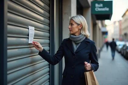 Femme d'&acirc;ge moyen devant un magasin ferm&eacute; en ville