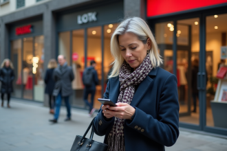 Femme d'âge moyen vérifiant son smartphone devant un centre commercial