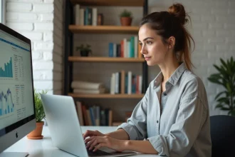 Femme travaillant en ligne depuis son bureau à domicile avec deux écrans affichant des tableaux de bord de productivité, illustration des tendances du télétravail en 2026