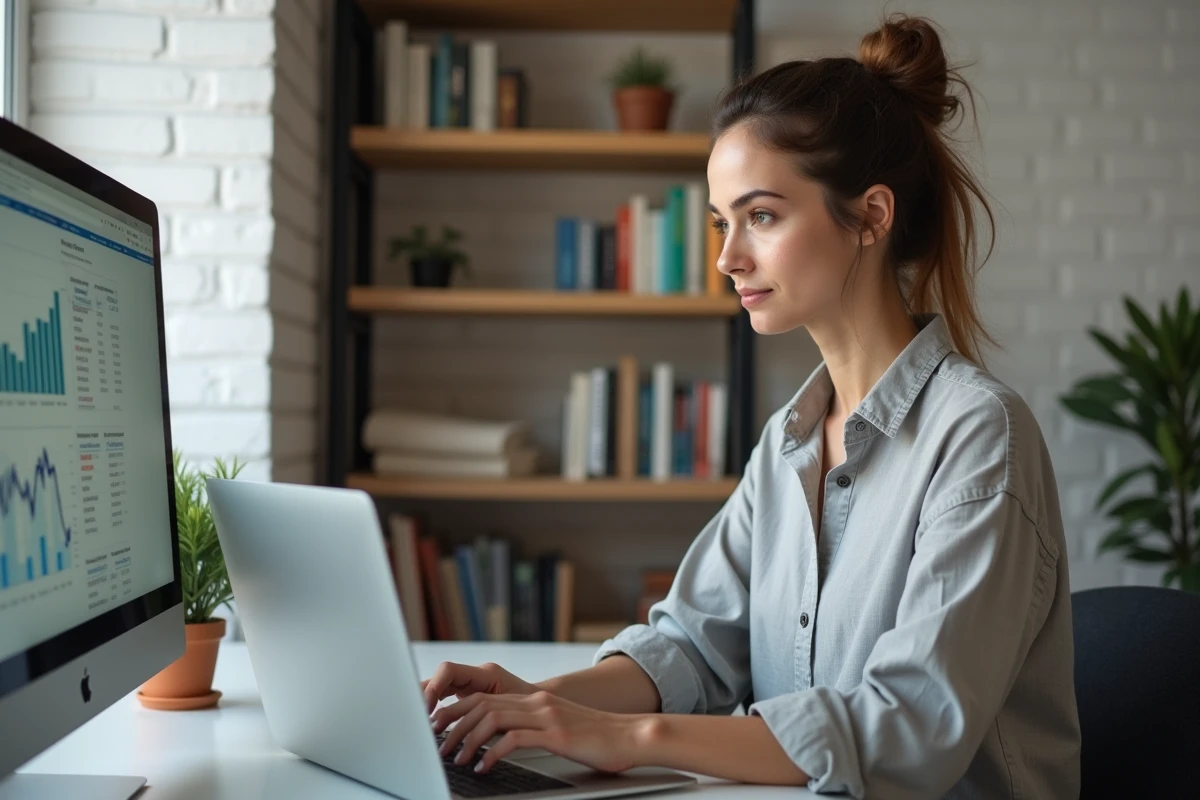 Femme travaillant en ligne depuis son bureau à domicile avec deux écrans affichant des tableaux de bord de productivité, illustration des tendances du télétravail en 2026