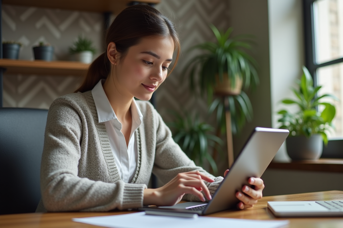 Jeune femme utilisant une tablette pour mettre à jour un CRM