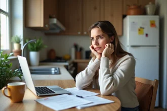 Femme réfléchissant à ses papiers dans la cuisine