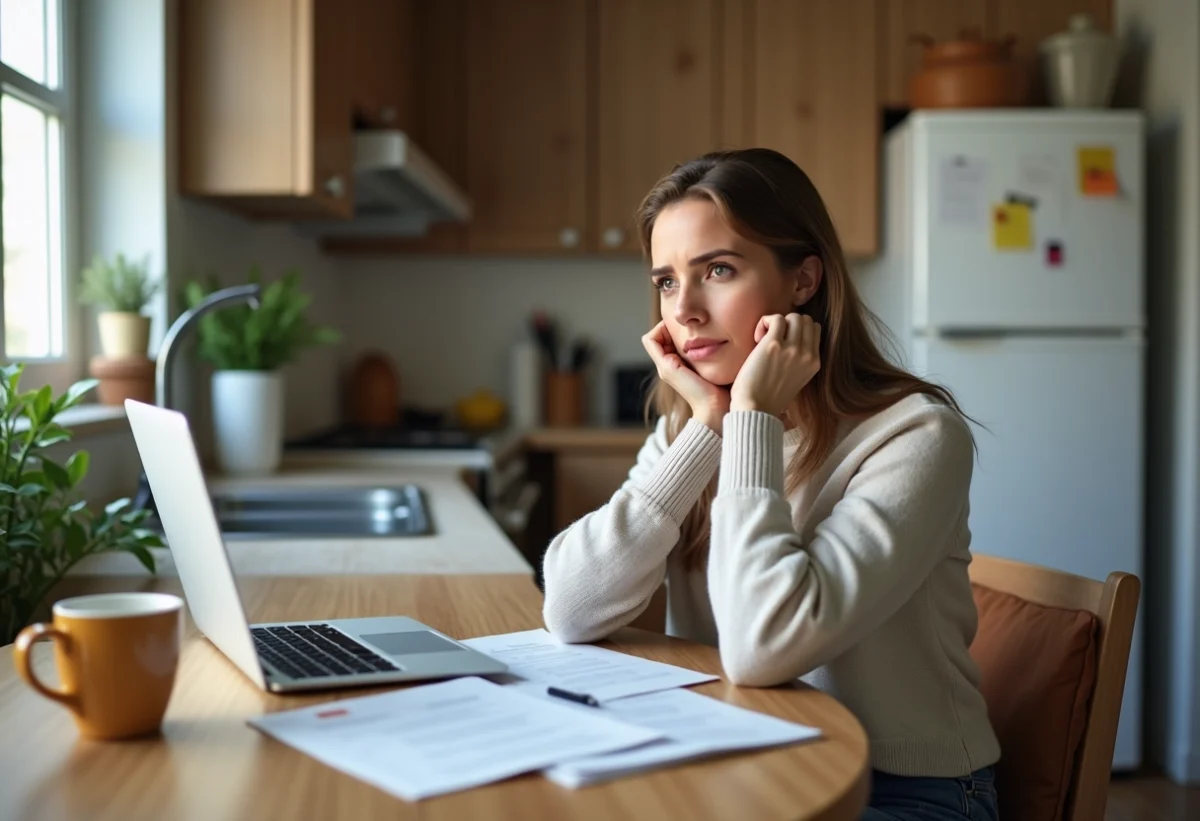 Femme réfléchissant à ses papiers dans la cuisine