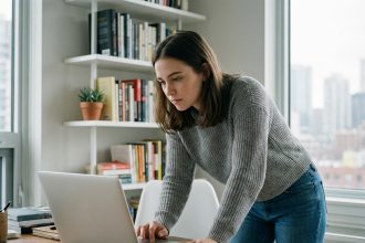 Jeune femme concentrée sur son ordinateur dans un intérieur moderne