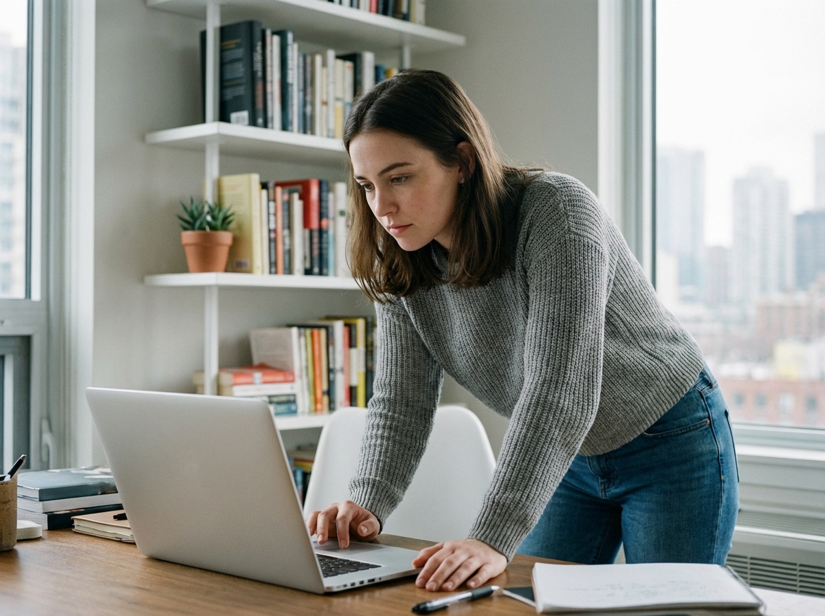Jeune femme concentrée sur son ordinateur dans un intérieur moderne