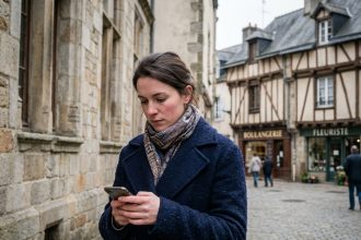Jeune femme en manteau à Vannes regardant son smartphone