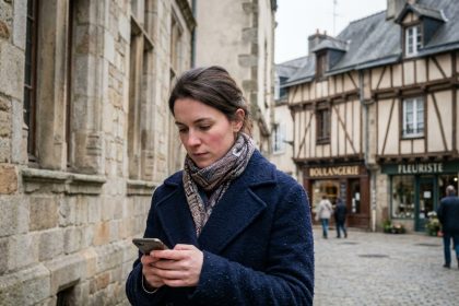 Jeune femme en manteau à Vannes regardant son smartphone