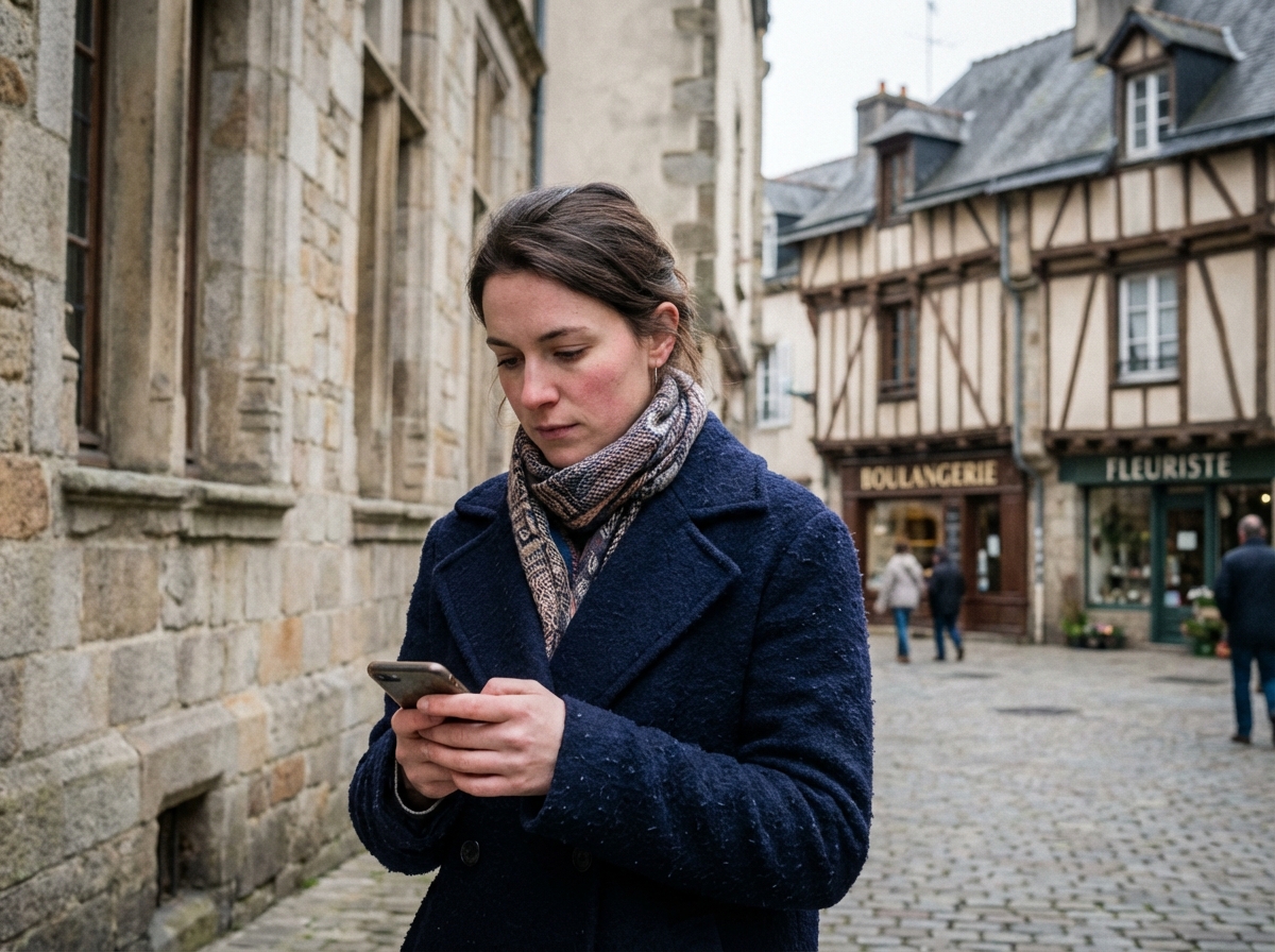 Jeune femme en manteau à Vannes regardant son smartphone