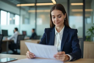 Fonctionnaire de catégorie A en poste dans un bureau municipal moderne, consultant des documents administratifs officiels