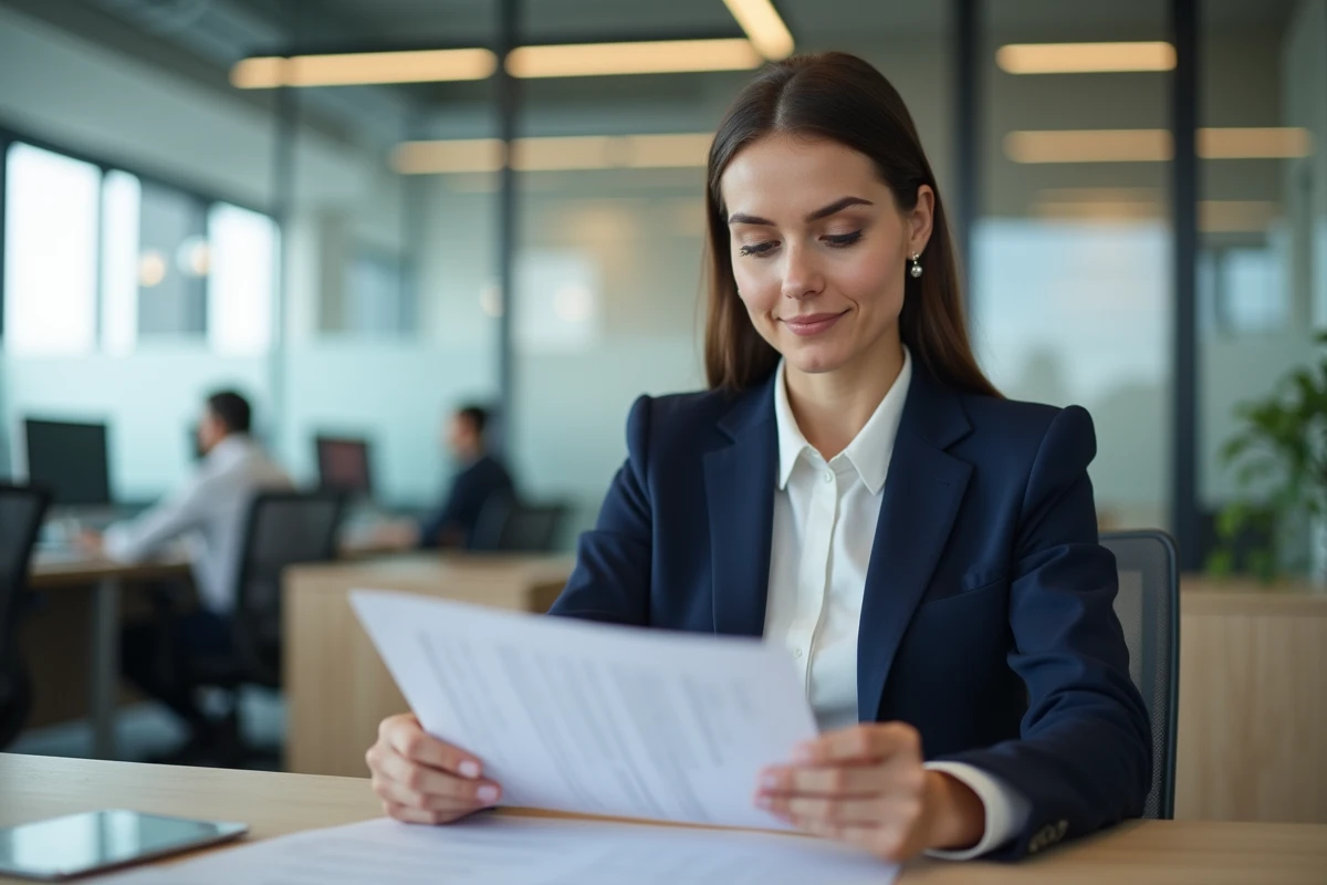 Fonctionnaire de catégorie A en poste dans un bureau municipal moderne, consultant des documents administratifs officiels