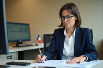 Fonctionnaire de catégorie C de la fonction publique d'État consultant des fiches de salaire dans un bureau administratif