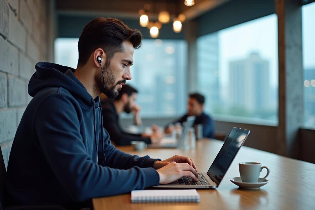 Homme travaillant en freelance dans un espace de coworking moderne avec vue sur la ville, tendances de l'emploi en ligne et du travail hybride en 2026