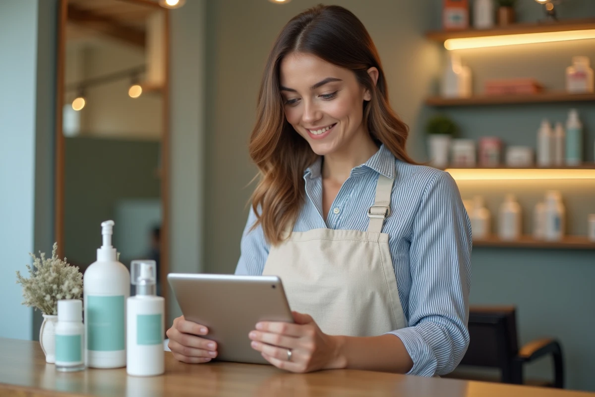 Gérante d'un salon de coiffure consultant le tableau de bord de réservation en ligne sur une tablette