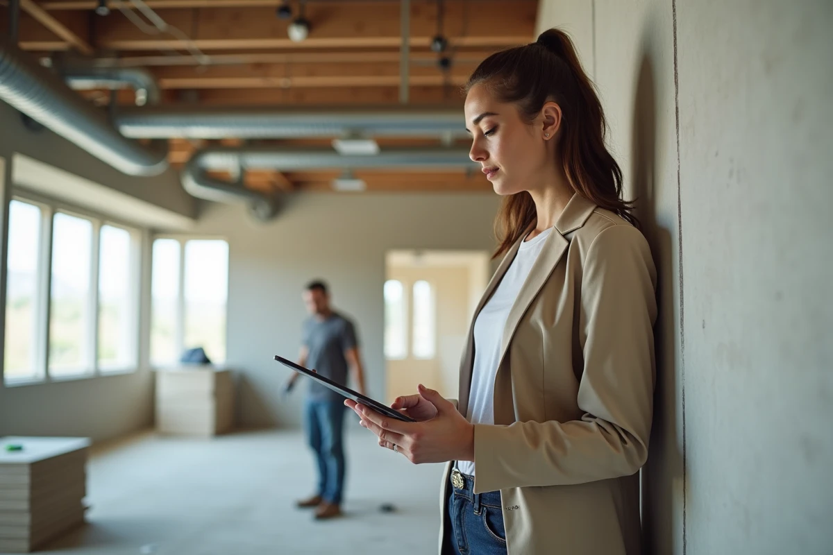 Jeune femme gestionnaire de projet avec tablette sur site de renovation