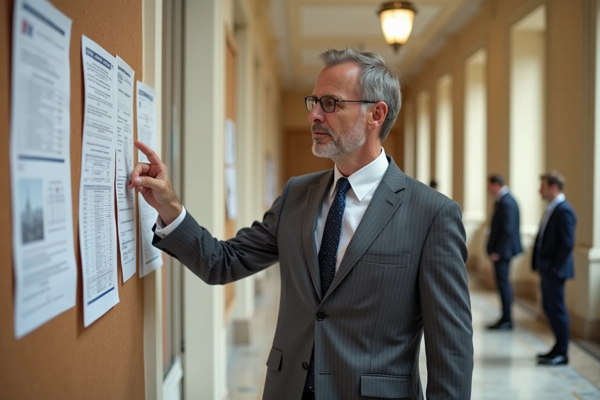 Agent territorial de catégorie A analysant une grille salariale et un tableau d'avancement de carrière dans un couloir administratif