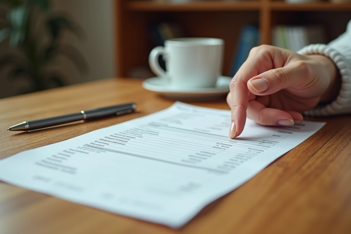 Gros plan sur une fiche de paie de stagiaire annotée sur un bureau en bois avec stylo et tasse de café