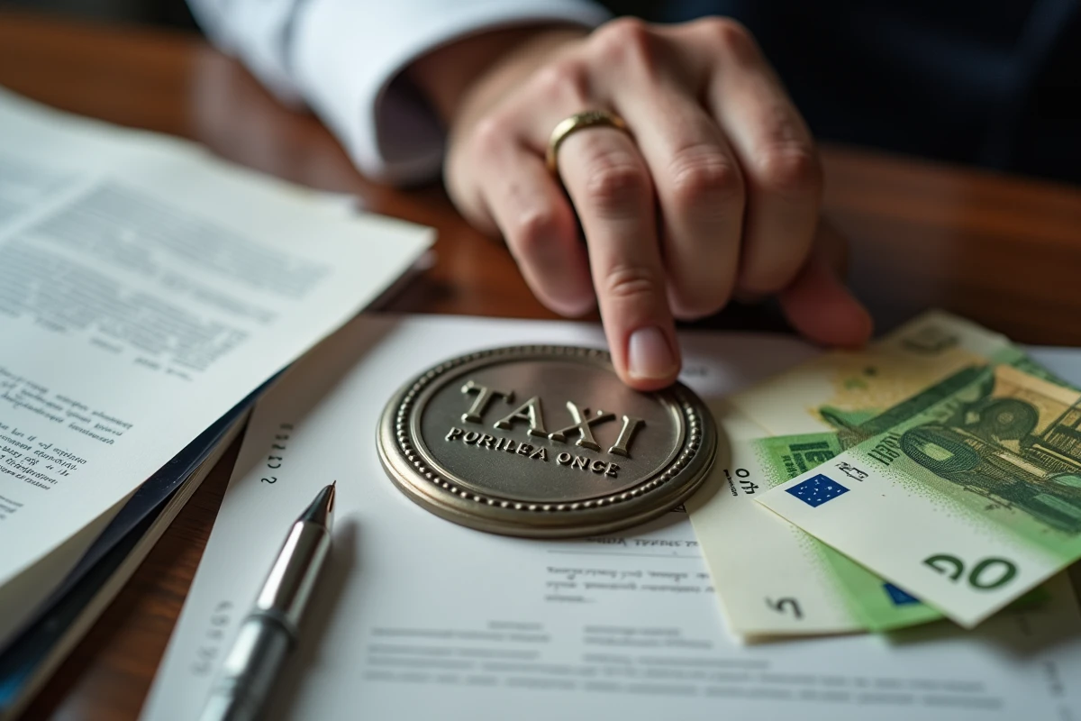Gros plan sur une plaque de licence taxi, un contrat et des billets en euros symbolisant le coût d'achat d'une licence