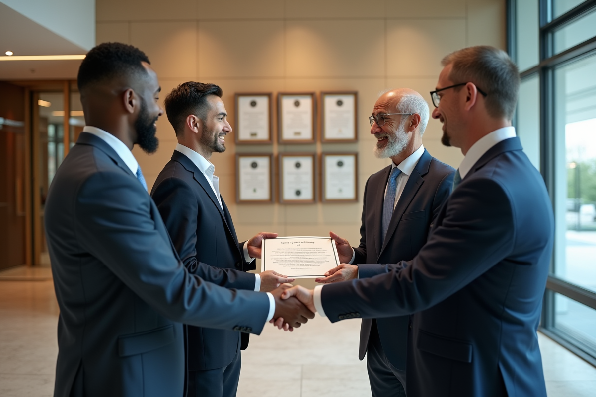 Trois professionnels échangeant un certificat dans un hall