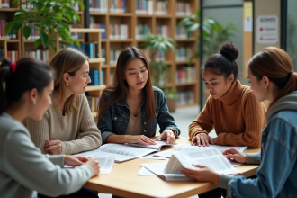 Groupe de personnes discutant autour d'une table en bibliothèque