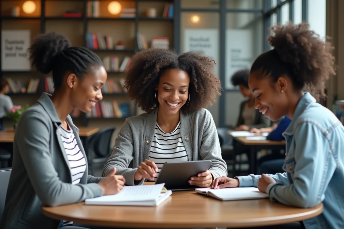 Groupe de jeunes diplômés consultant des offres d'emploi ensemble dans un centre d'orientation universitaire