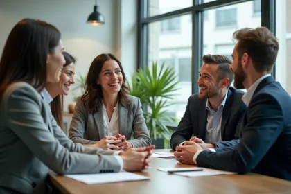 Groupe de professionnels souriants dans un bureau moderne