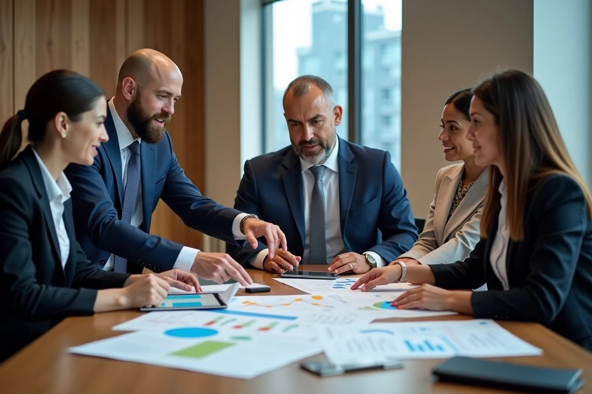 Groupe de professionnels en réunion de travail dynamique