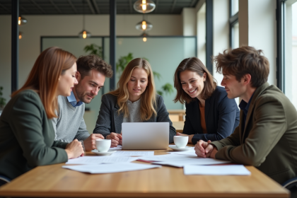 Groupe de quatre adultes en coworking à Paris