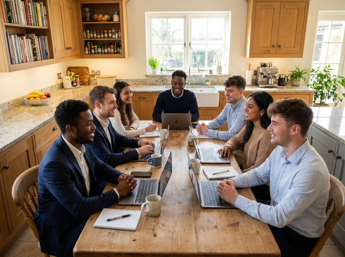 Groupe de jeunes adultes travaillant ensemble dans une cuisine lumineuse