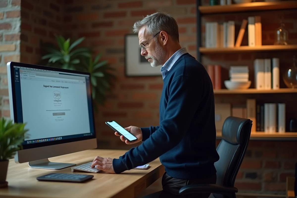 Homme accédant à ses documents de paie sécurisés depuis son bureau à domicile avec double authentification