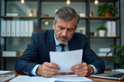 Homme d'affaires en costume lisant une lettre au bureau