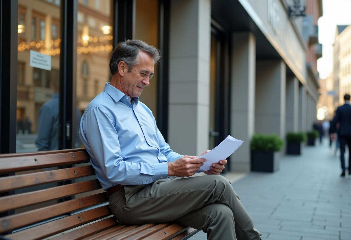 Homme lisant une lettre devant une agence d