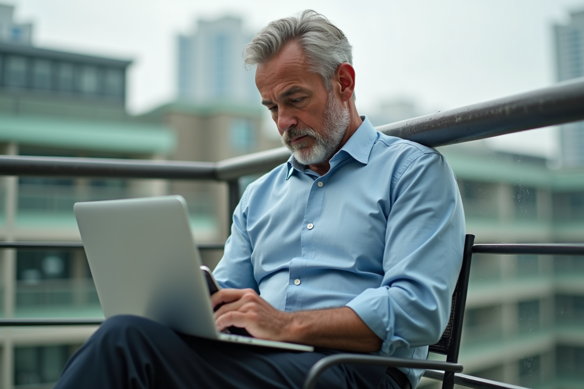 Homme sur un balcon avec son ordinateur et téléphone en main