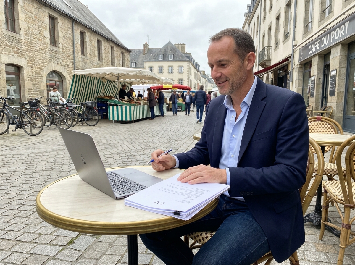 Homme assis au café à Lorient avec ordinateur et CV