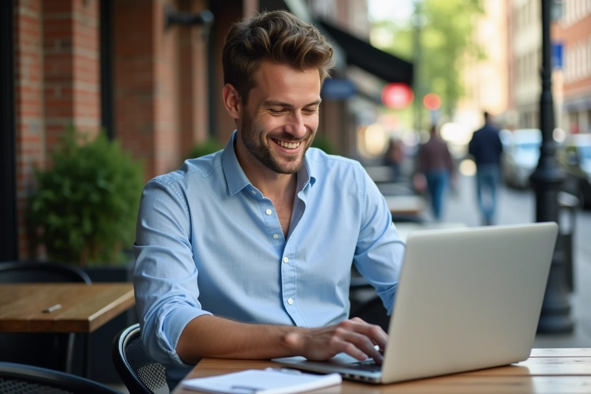 Homme travaillant sur son ordinateur en extérieur
