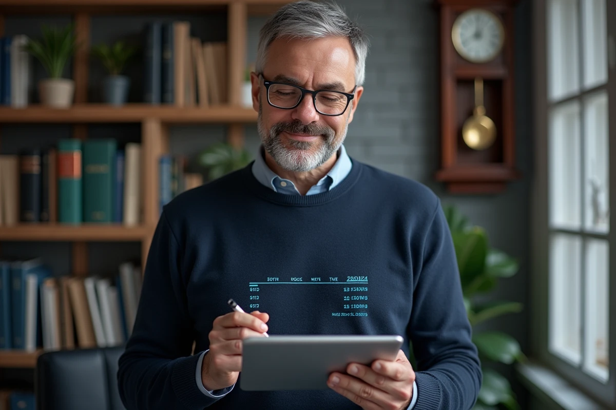 Homme debout à son bureau à domicile annotant un tableau de durées et calculs d'heures sur une tablette numérique avec horloge murale en arrière-plan